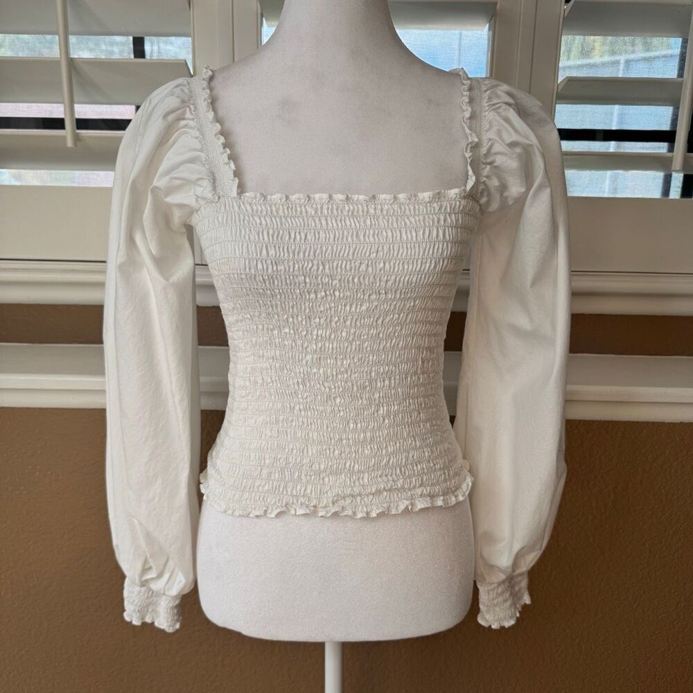 La Ligne XL Square Neck Puff Sleeve Peasant Top White Smocked Blouse Romantic